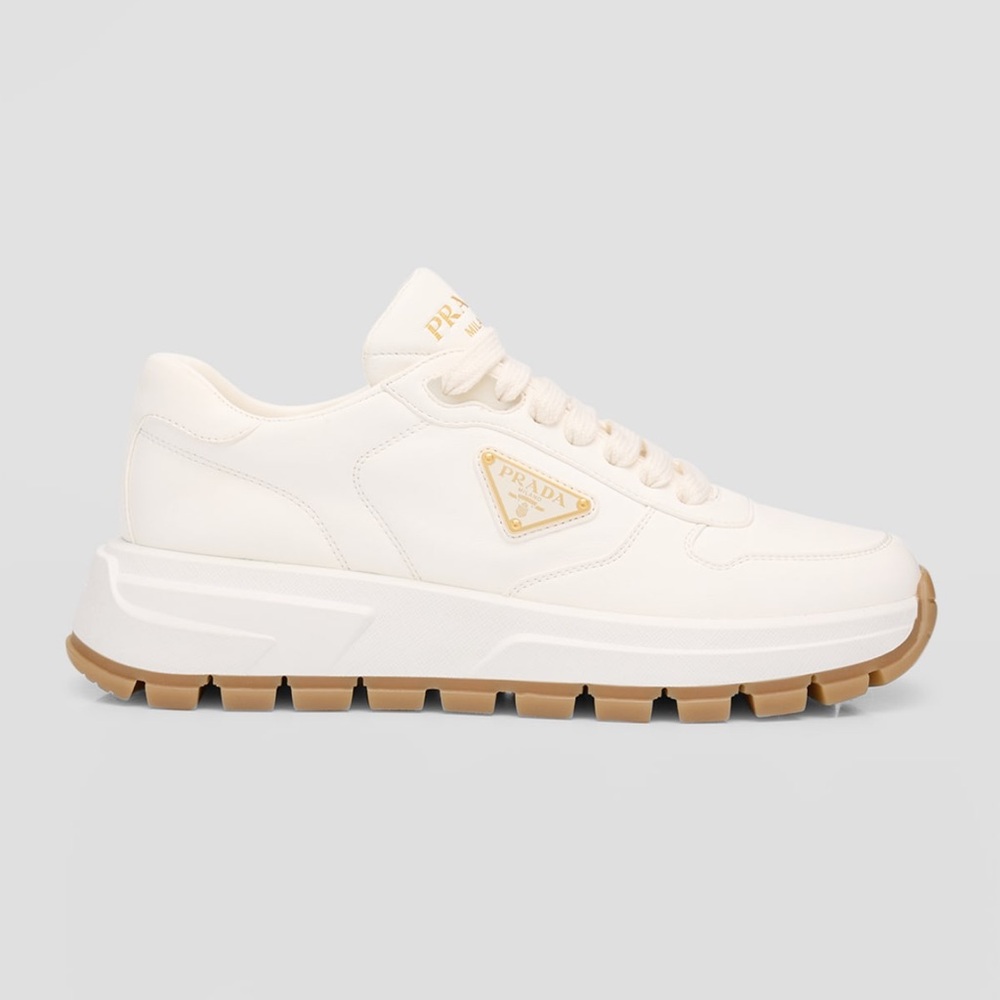 Prada Leather Logo Runner Sneakers White/Gold – Size 39 – NIB Full Inclusion